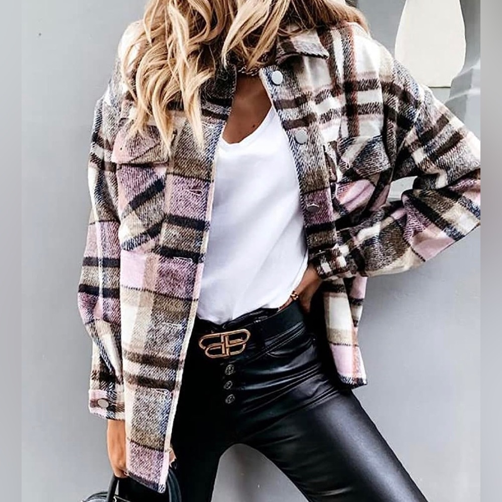 Women's Plaid Utility Jacket - Pink and Brown